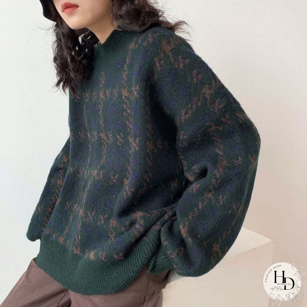 Womens Pullover Patchwork Loose Lantern Sleeve Simple Knitted Sweater-Female Elegant