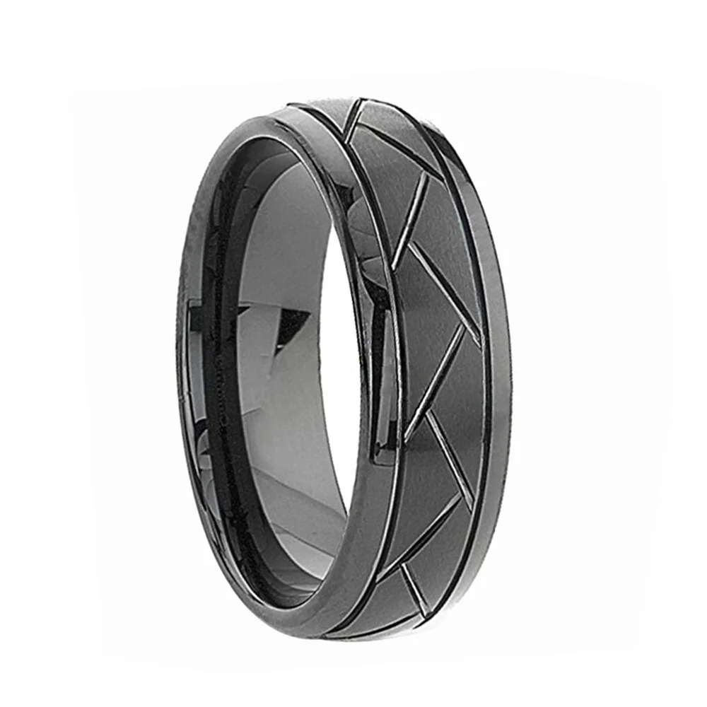 6MM 8MM Black Mens Domed Grooved Tungsten Brushed Wedding Bands