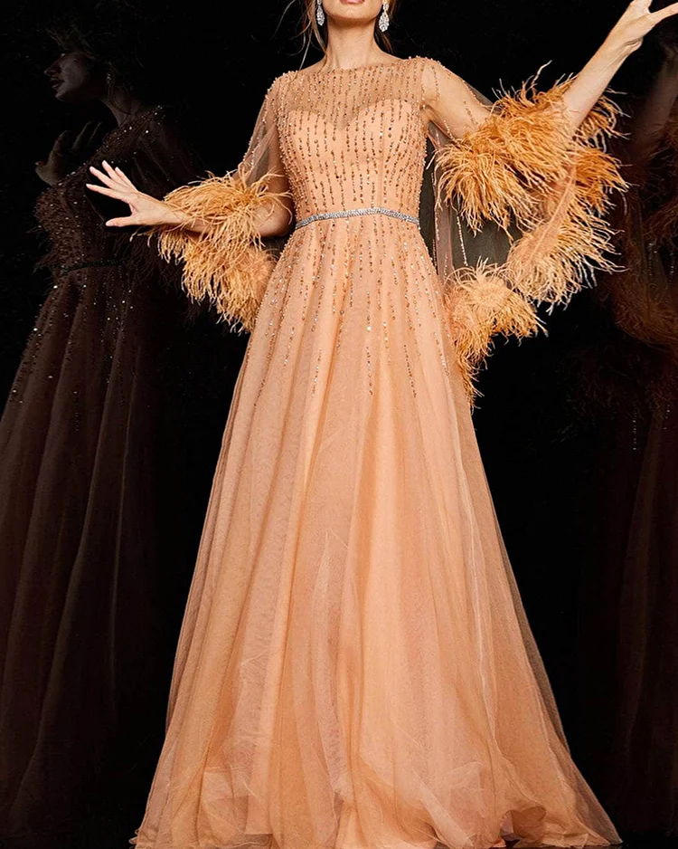 Feather And Crystal-embellished Cady Gown