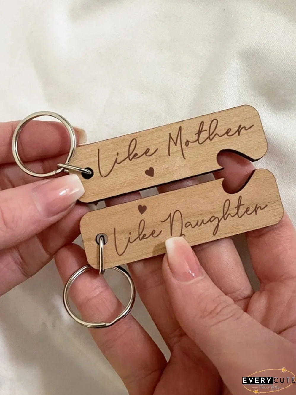French Beige Mother-Daughter Heart Wooden Keychain Set