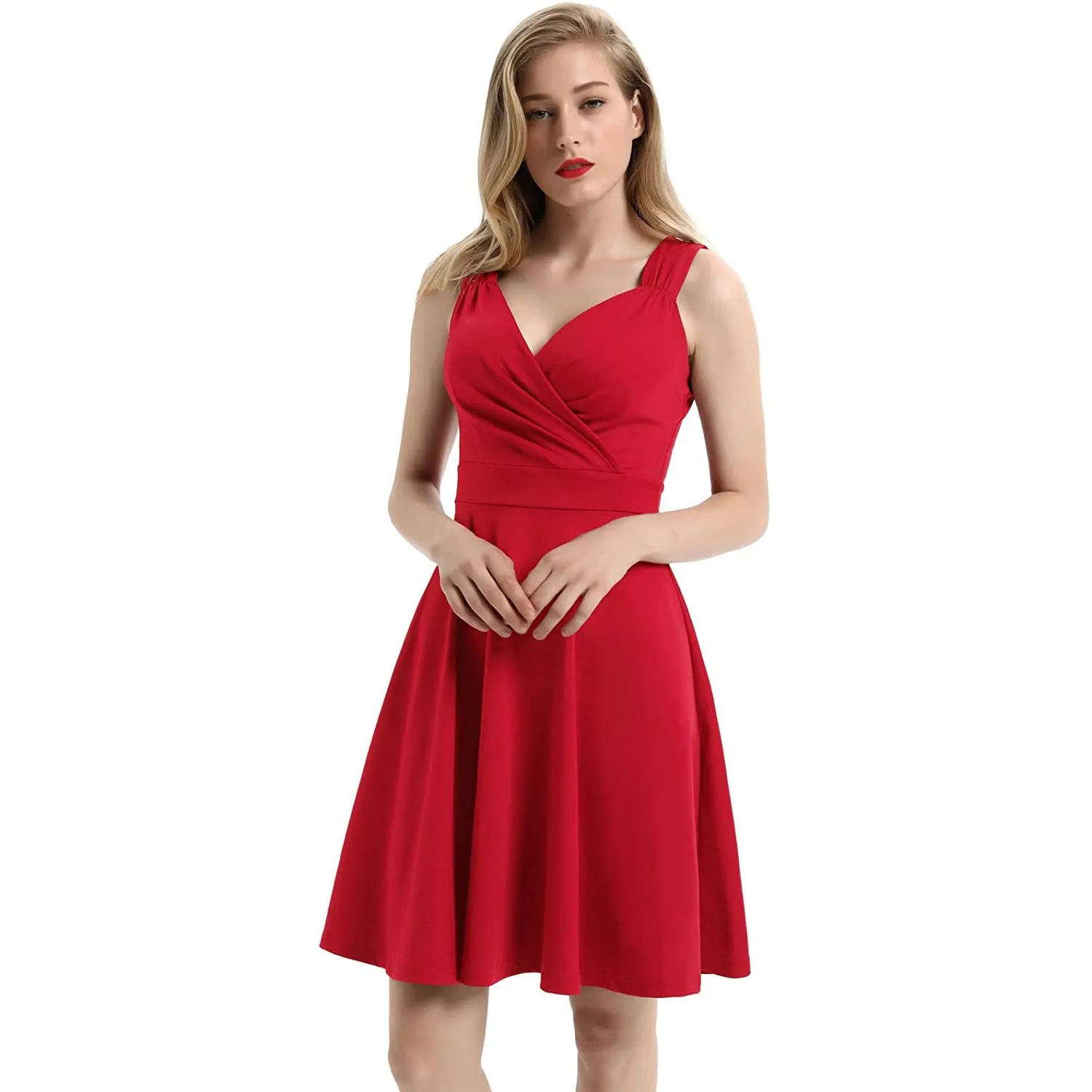 Sleeveless Wrap V-Neck A-line Bridesmaid Cocktail Party Dress for Women