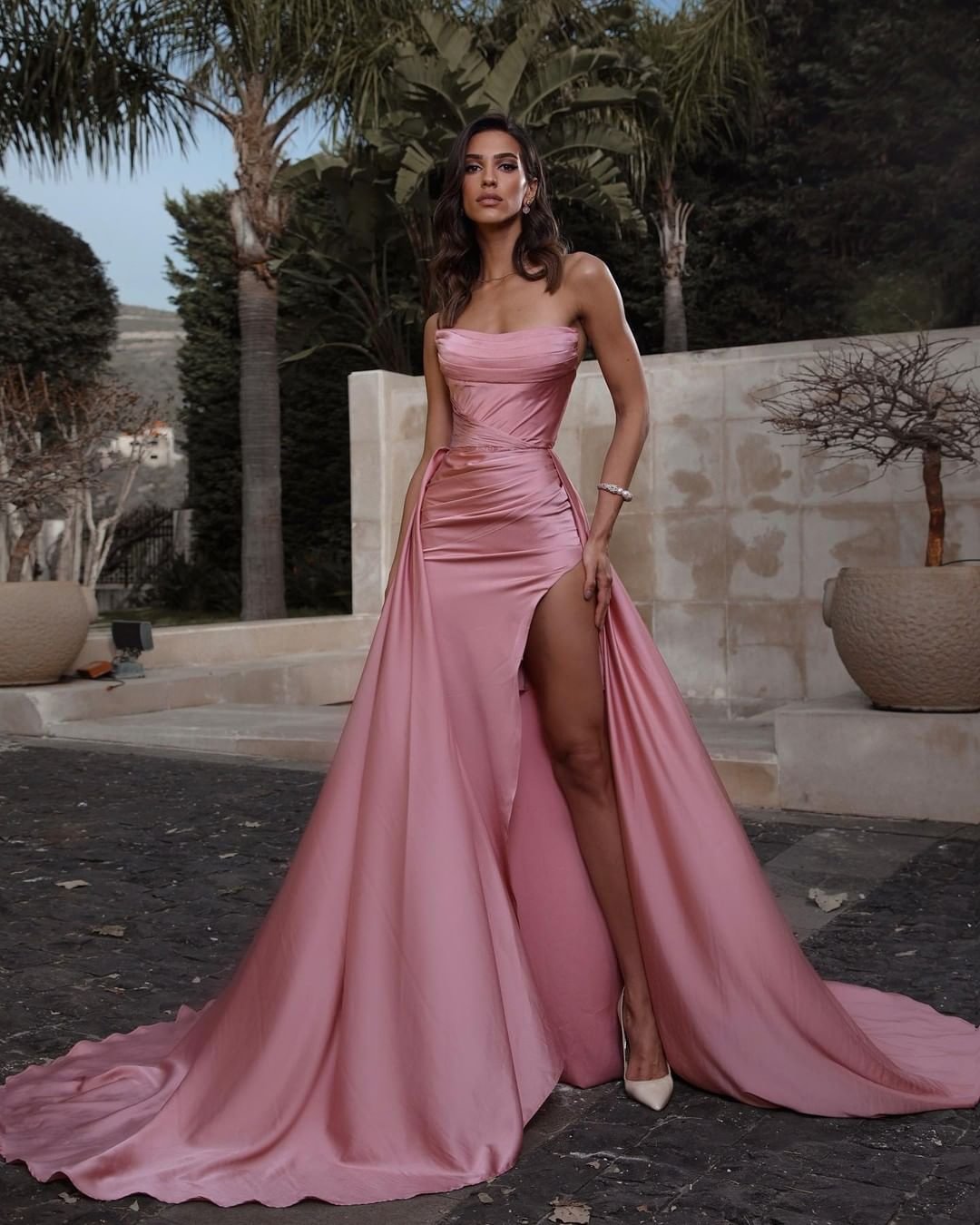 Bellasprom Pink Pleated Mermaid Evening Dress Split With Ruffles Strapless