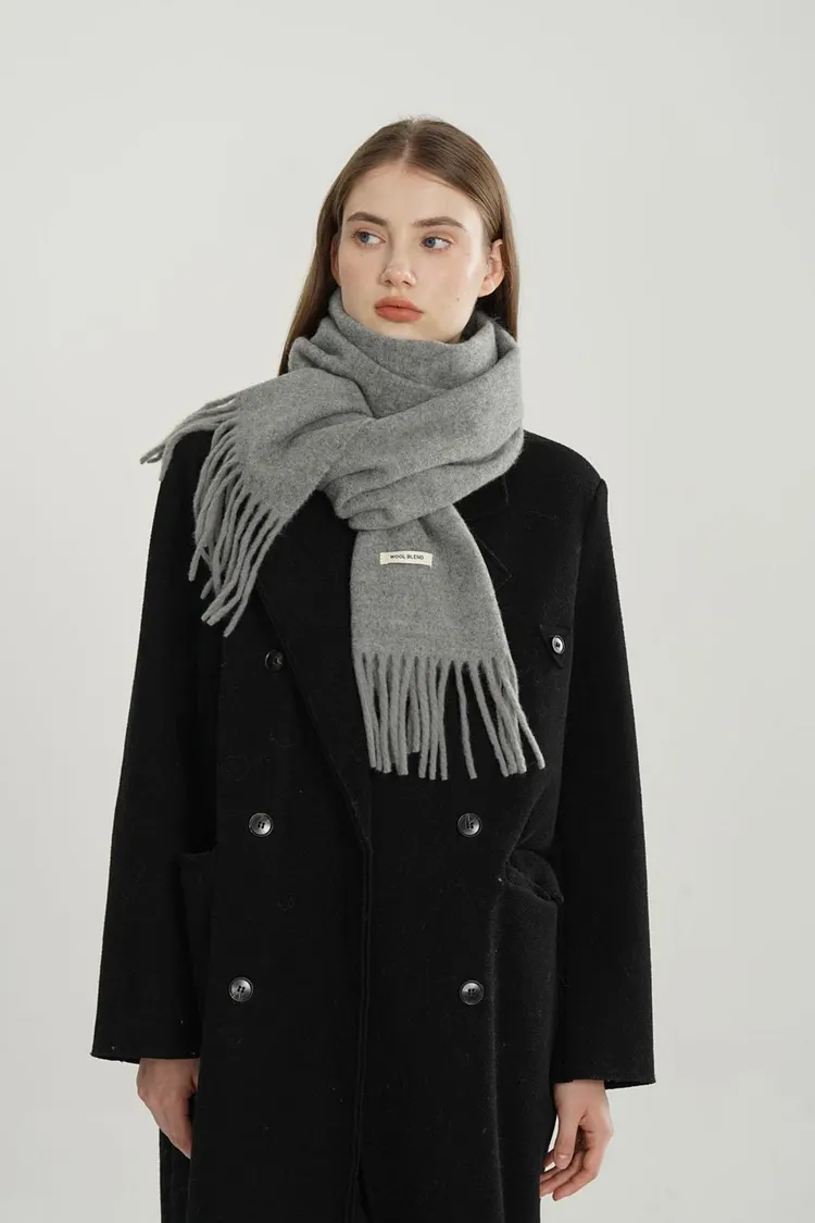 Wool Blend Minimalist Solid Woven Fringed Scarf