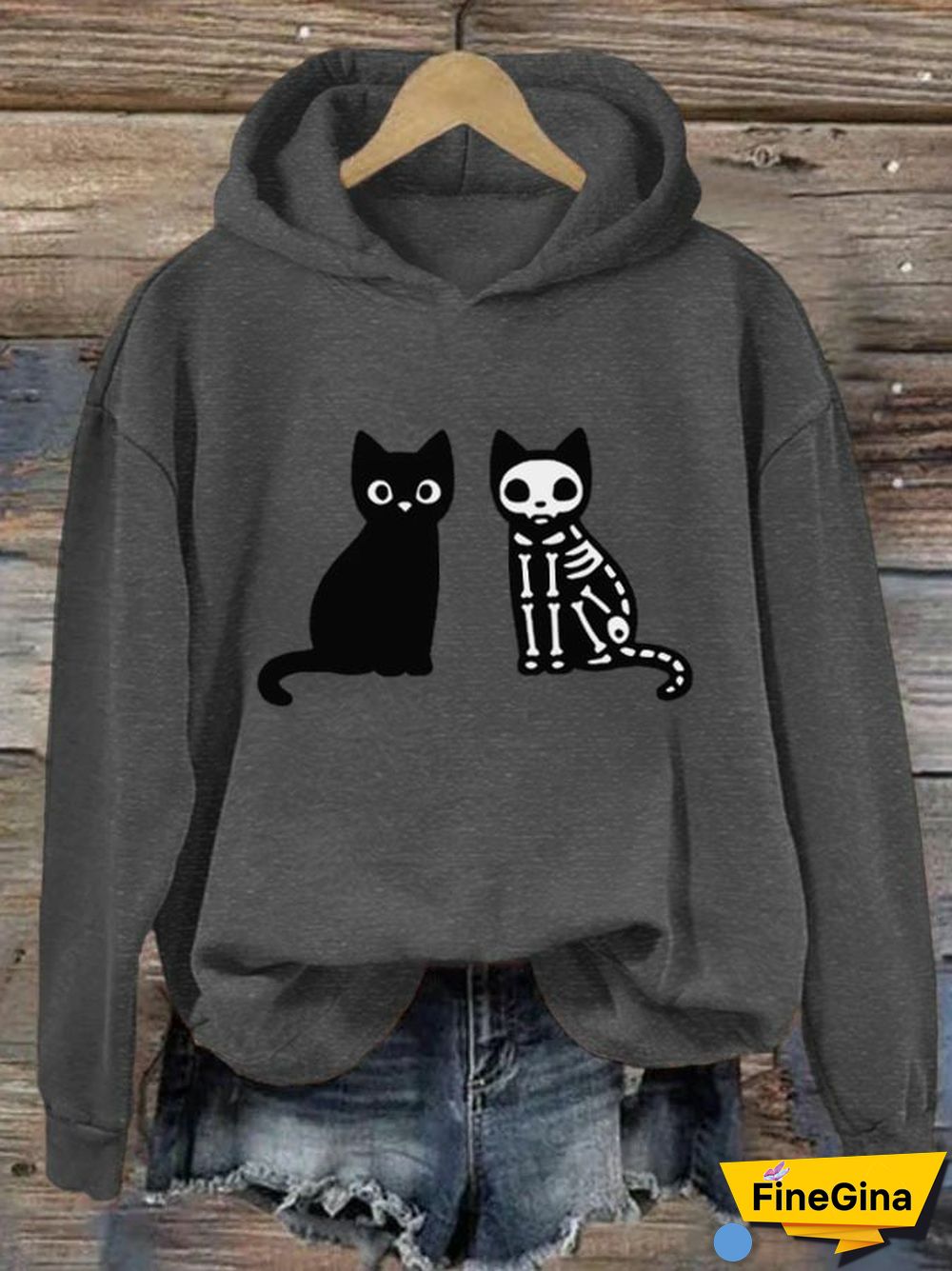 Women's Black Cat Halloween Print Hoodie