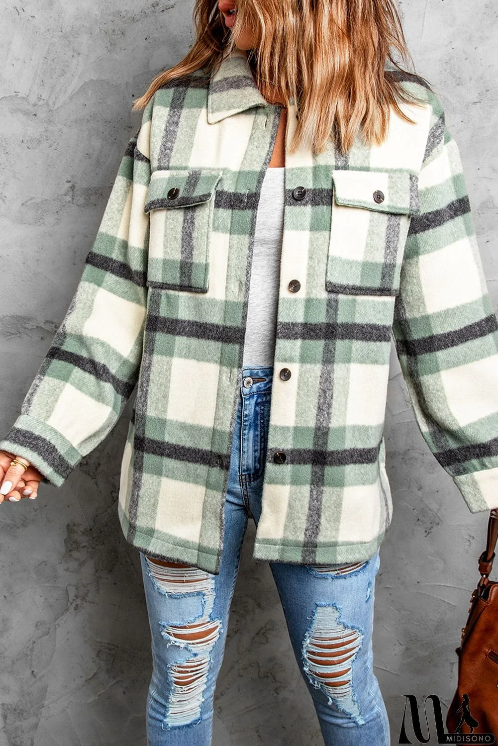 MidiSono - Green Plaid Print Shacket