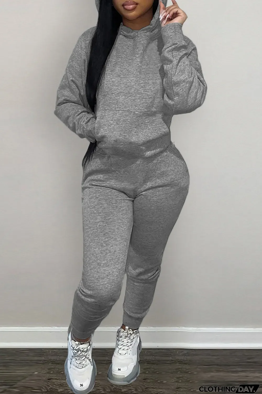 Dark Gray Fashion Casual Solid Basic Hooded Collar Long Sleeve Two Pieces
