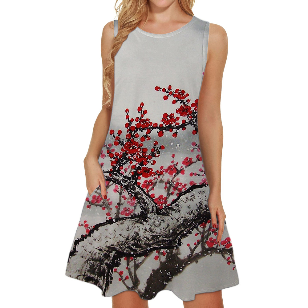 Uptownunder Women Floral Print Dress Casual Round Neck Short Sleeve Elegant Boho Midi Dresses Sundress Summer Holiday Beach Tunics Dress