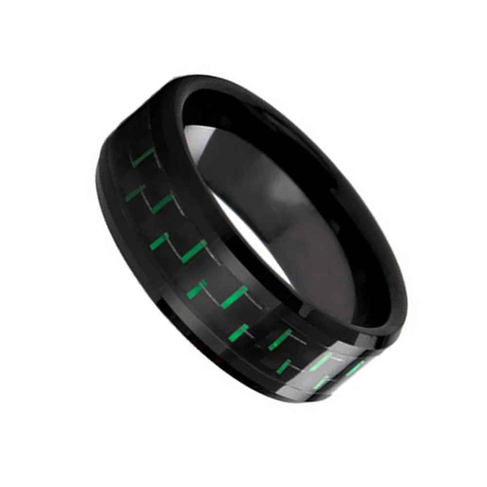 6MM 8MM Black Tungsten Carbide Rings Green Carbon Fiber Inlay Polished Beveled Edge For Men