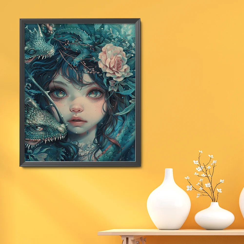 9CT Full Cross Stitch Bead Embroidery - Girl & Lizard(Canvas|40*50CM)