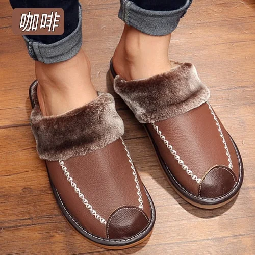 Men's Leather Home Warm Cotton Slippers Men's Home Autumn and Winter Indoor Wooden Floor Non-slip Thick Slippers Mens Slippers