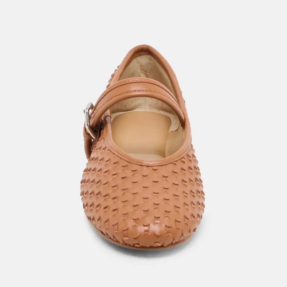 YDN Brown Round Toe Woven Buckle Strap Flat Shoes for Women