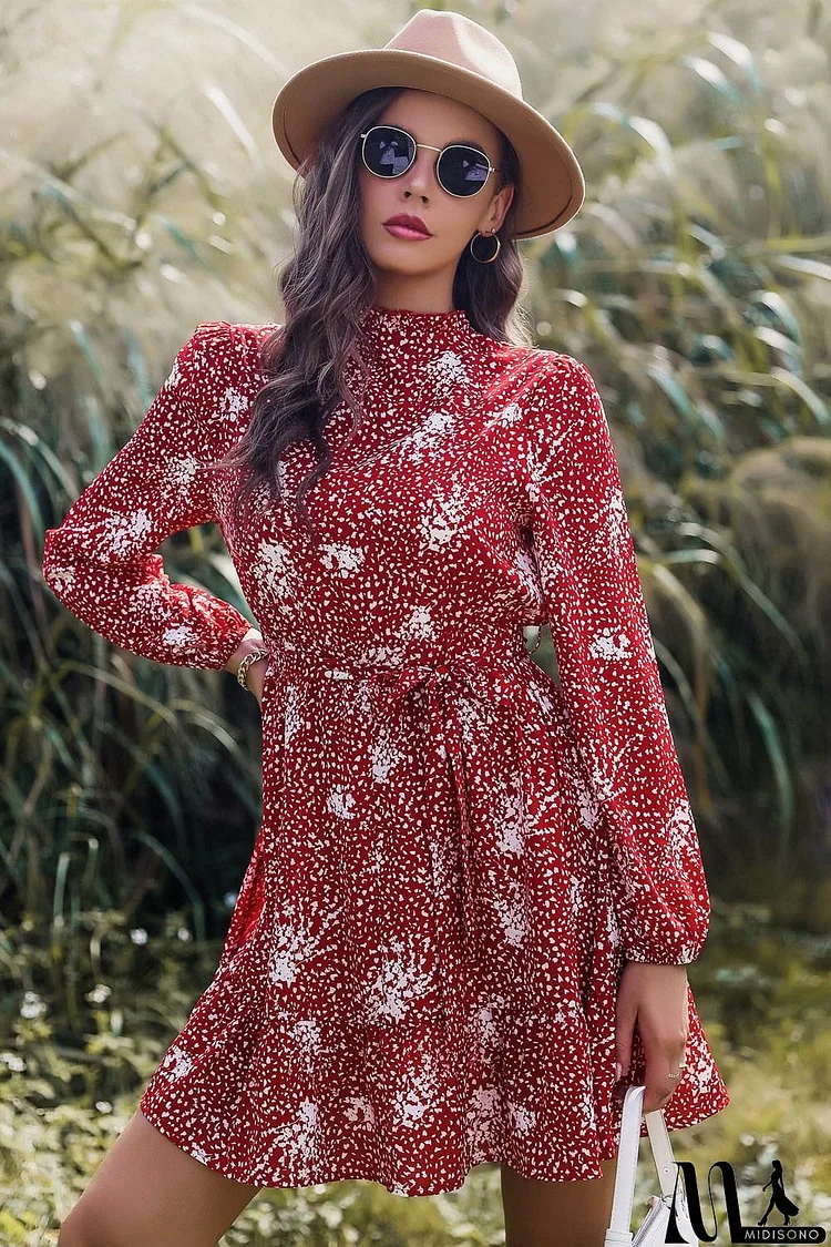 Printed Mock Neck Long Sleeve Tie Waist Mini Dress