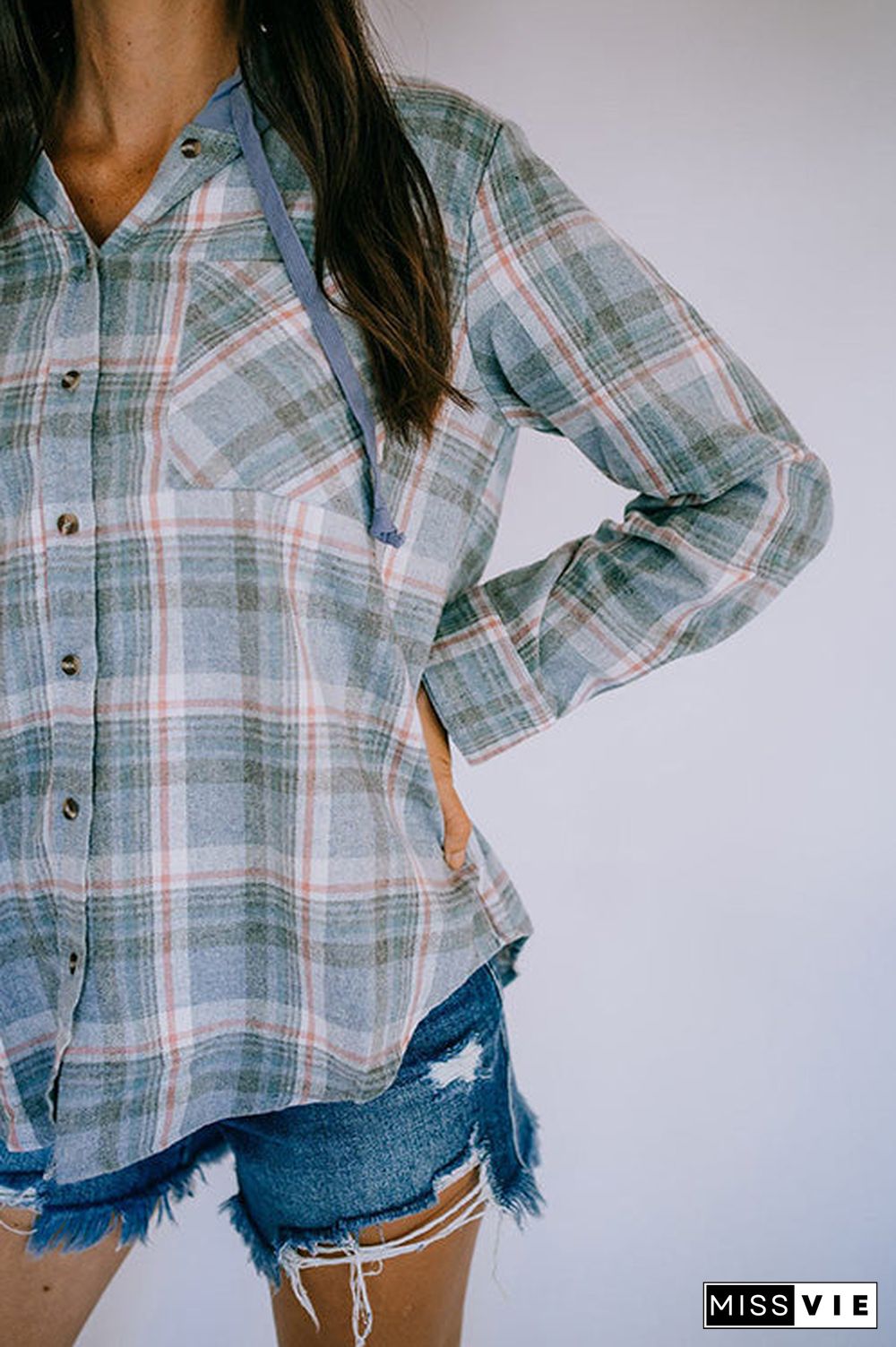 Flannel Plaid Button Down Hoodie Top