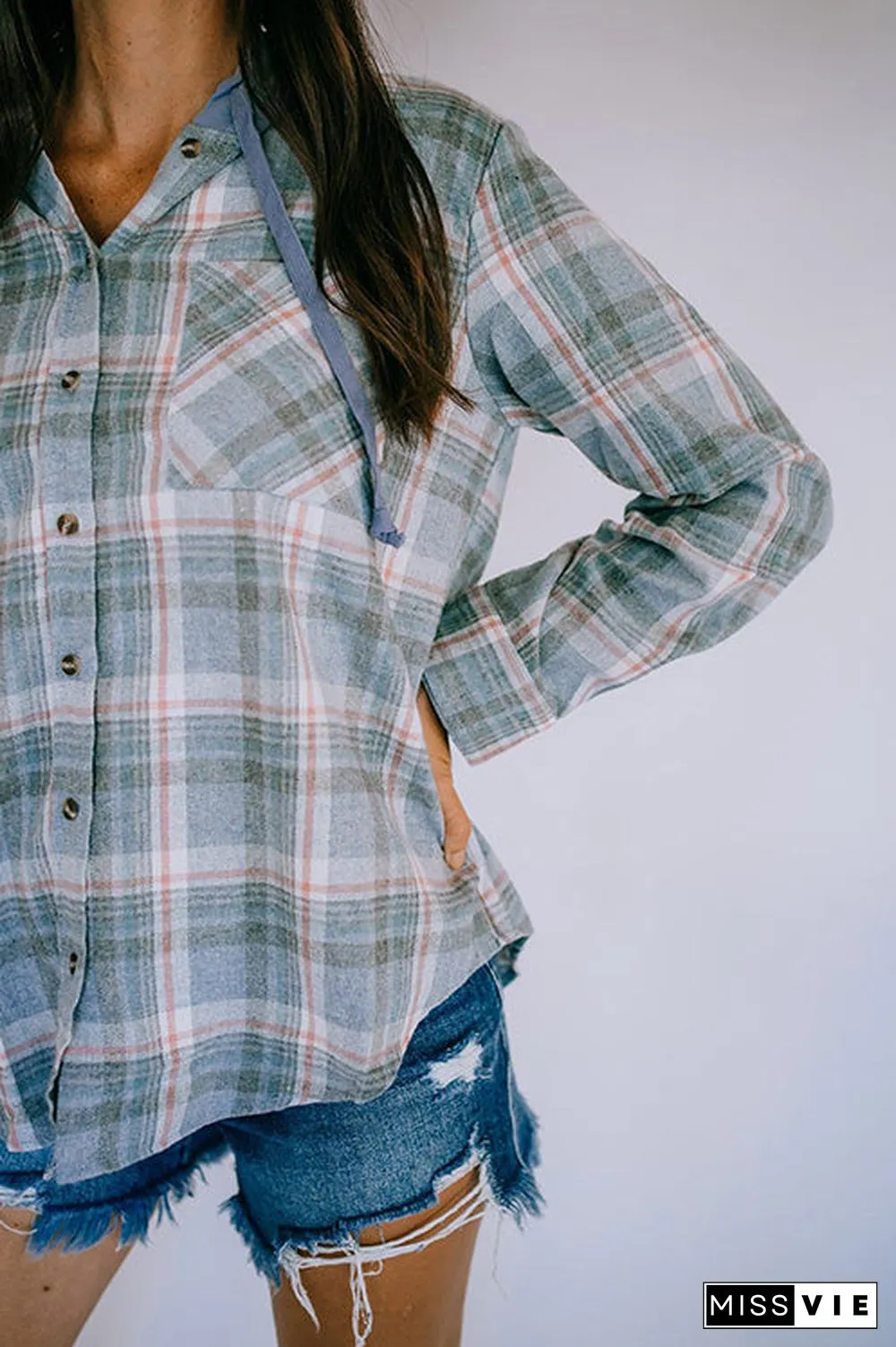 Flannel Plaid Button Down Hoodie Top