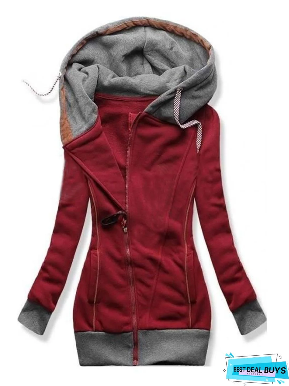 Crimson Hoodie Paneled Long Sleeve Knit coat