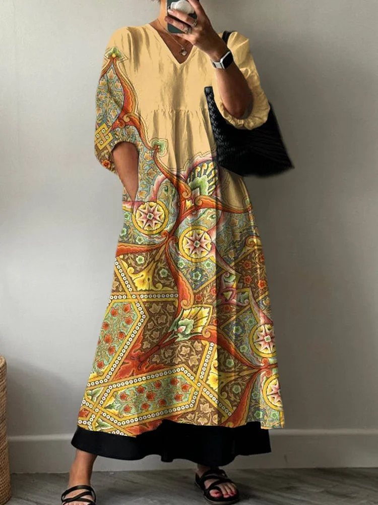 Women's  Boho Retro Print Pocket V-neck Cotton Dress
