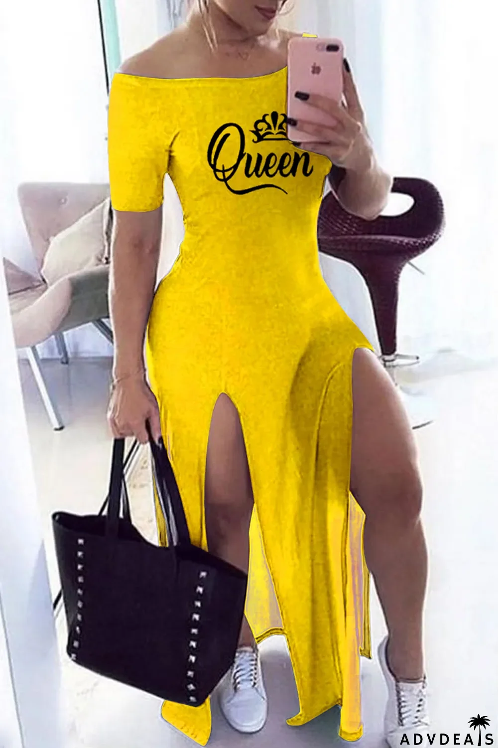 Grey Fashion Casual Print Slit Off the Shoulder Short Sleeve Dress Dresses