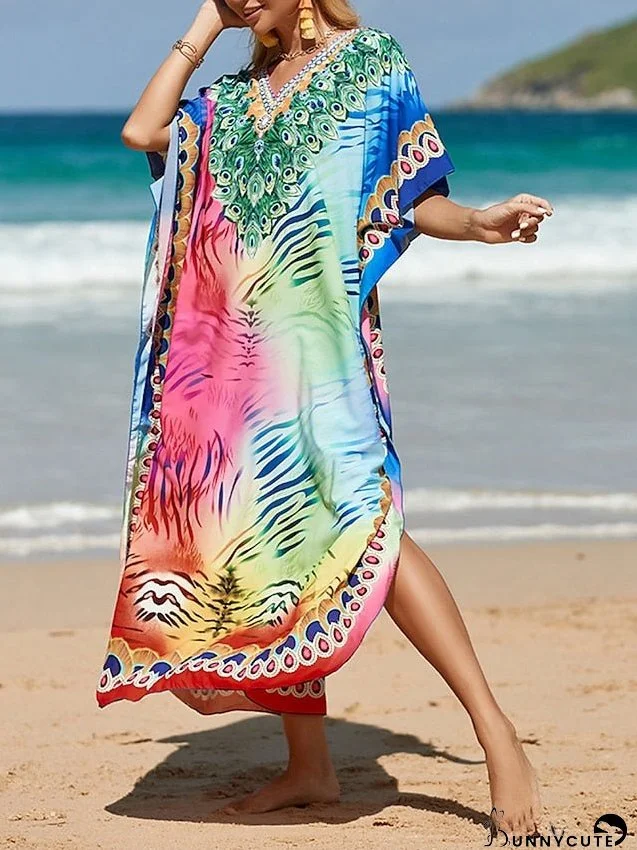 Cover Up Beach Dress Beach Wear Long Dress Maxi Dress Print Ethnic Casual Graphic V Neck 3/4 Length Sleeve Loose Fit Outdoor Daily Light Green Blue Fall Spring for Women