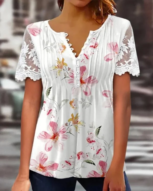 Lace Solid Button Short Sleeve Floral Top