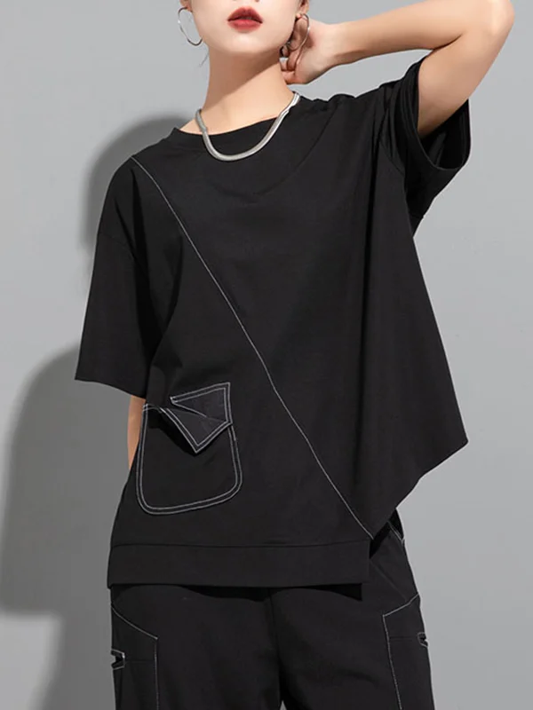 Loose Short Sleeves Asymmetric Solid Color Split-Joint Round-Neck T-Shirts Tops