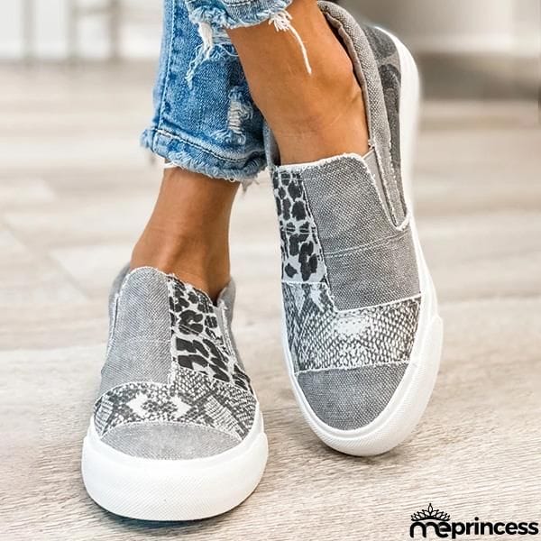 Lydiashoes Pieced Raw Edge Animal Print Canvas Slip-On Flats