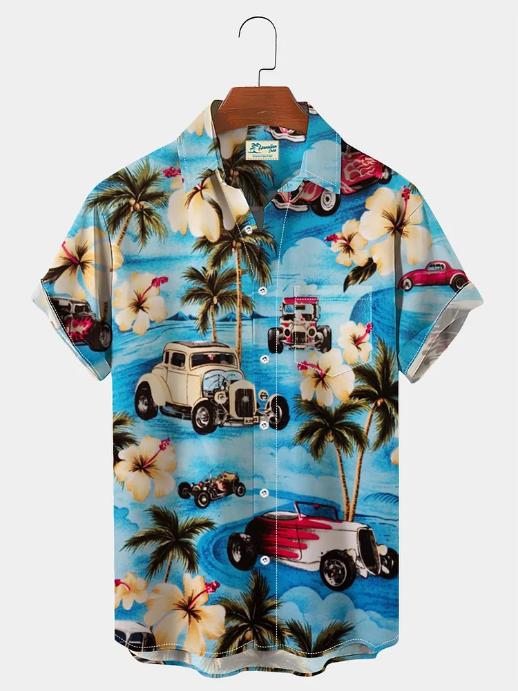 Men‘s Blue Holiday Hawaiian Shirts Floral  Vintage Wrinkle Free Tropical Shirts