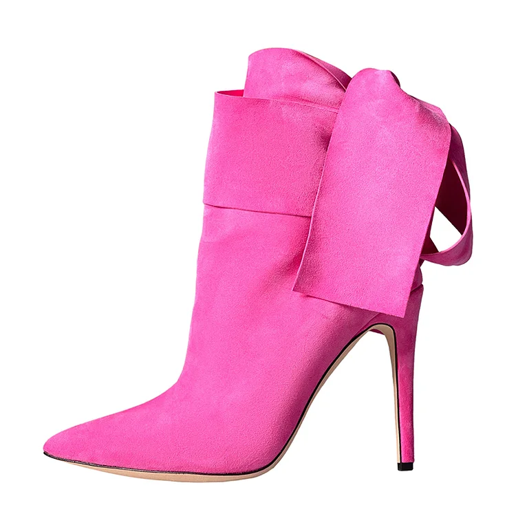 Hot Pink Stiletto Tie Up Booties Pointed Toe Vegan Suede Ankle Boots |FSJ Shoes