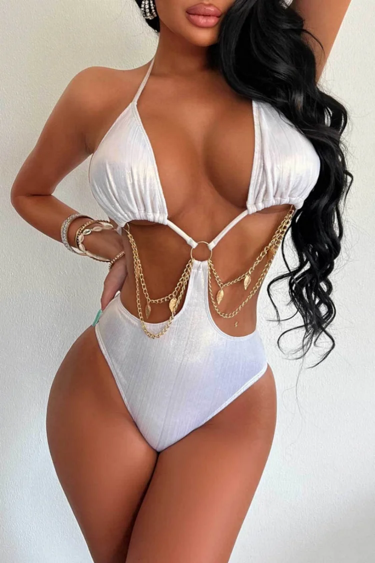 Sexy Solid Color Patchwork Chains Backless Belted Swimwears (With Paddings)