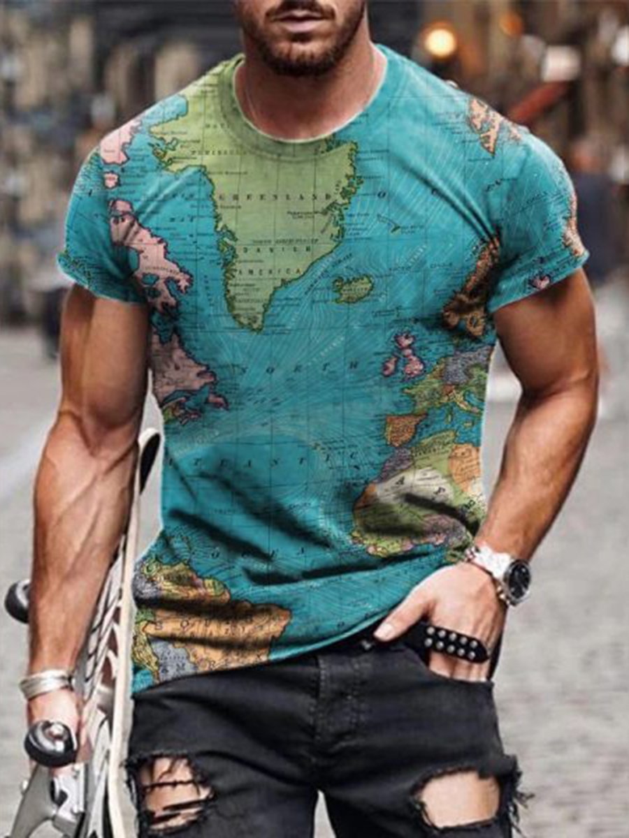 men's round neck slim t-shirt with personalized map printing short sleeves