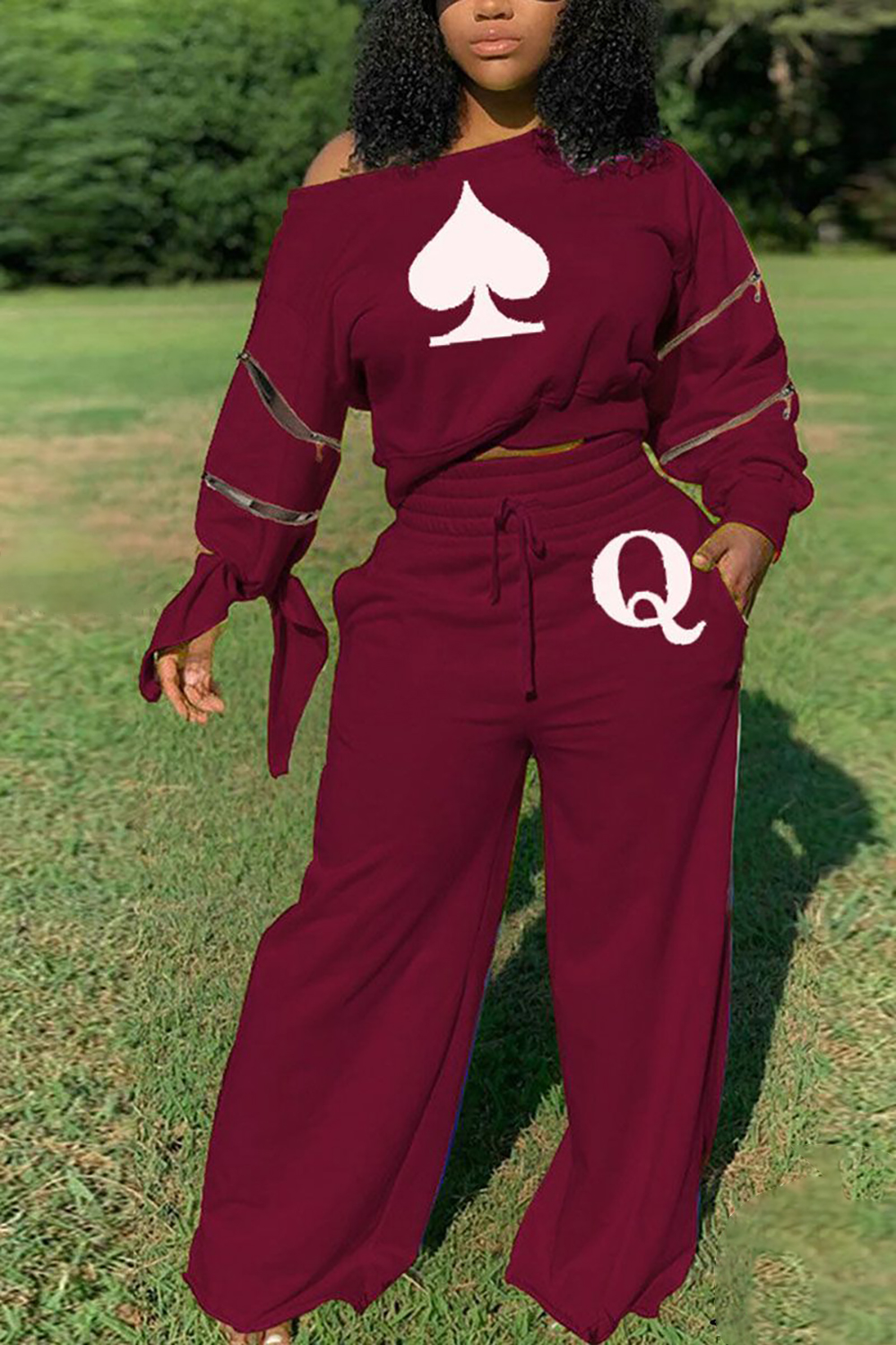 Plus Size Casual Pant Set Burgundy Rib Knit Queen Skew Neck Sweatshirt Two Piece Pant Set