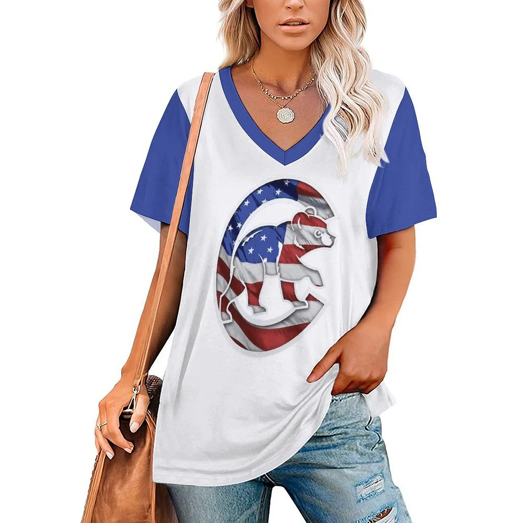 V-neck Short Sleeve Casual T-shirt for  Women Printed with Pattern,Blue,Red