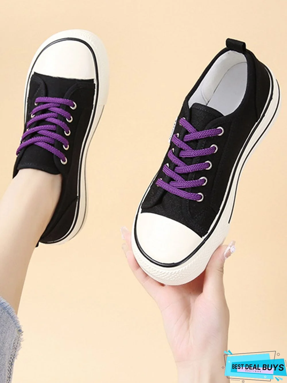 Casual Plain Color Split Joint Comfy Square Toe Lace-Up Canvas Shoes