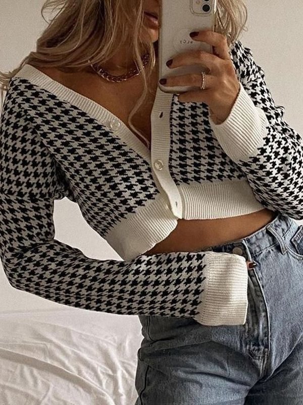 Y2K Short Cropped Houndstooth Knit Cardigan-luchamp:luchamp
