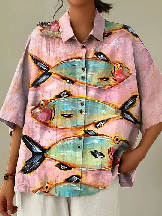 Women's Vintage Fish Art Print Casual Cotton Linen Shirt