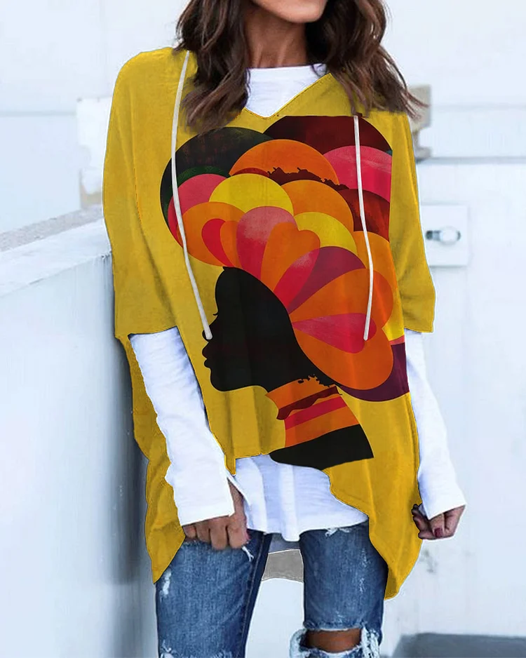 Retro Ethnic Print Six-Quarter Sleeve Hooded Tee