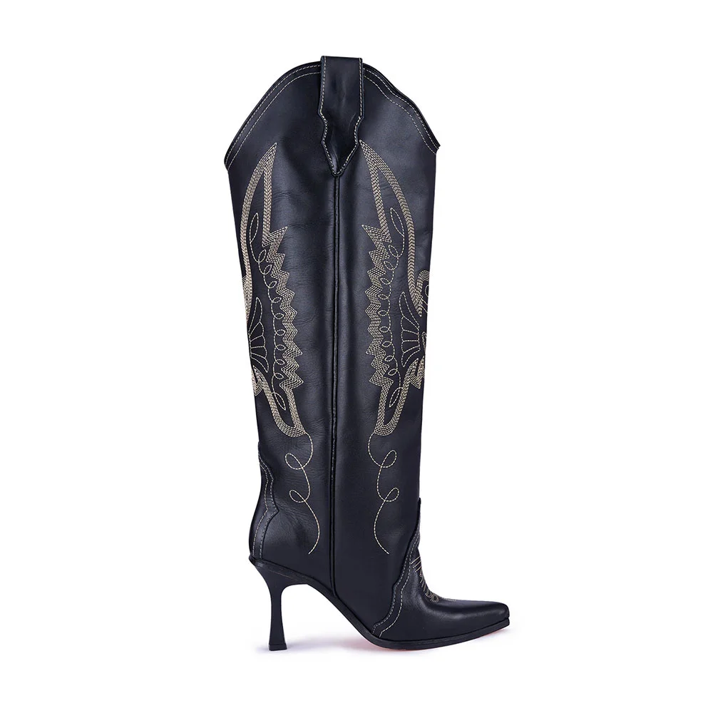 Black Pointed Toe Embroidered Flared Heel Knee-High Cowgirl Boots