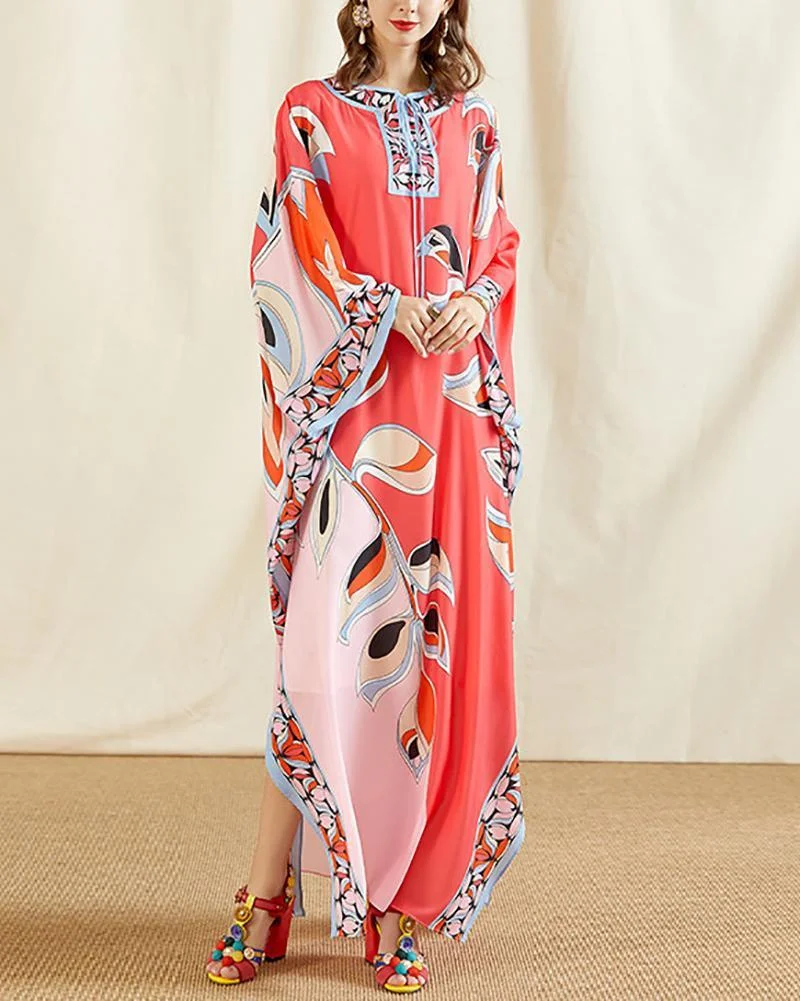 V Neck Batwing Sleeve Printed Side Split Knitting elastic Long Dress