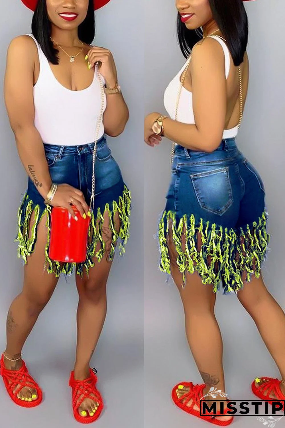 Green Red Green Yellow Royal blue Tassel Design Denim