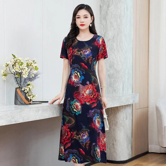 Women Summer Dress Plus Size 5XL Loose Middle-aged Mother Casual Short Sleeve Long Dress O-Neck Floral Print Cotton Dresses