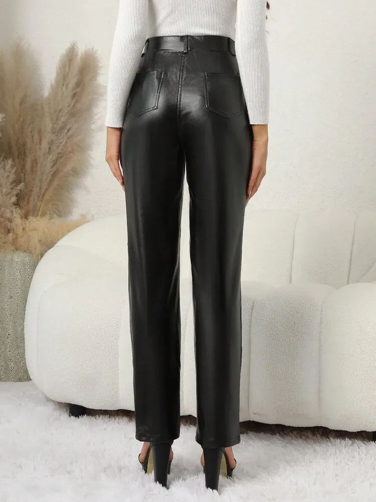 Women's Button Front Pu Straight-leg Pants