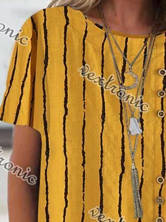 Women Short Sleeve Scoop Neck Striped Polka Dot Top