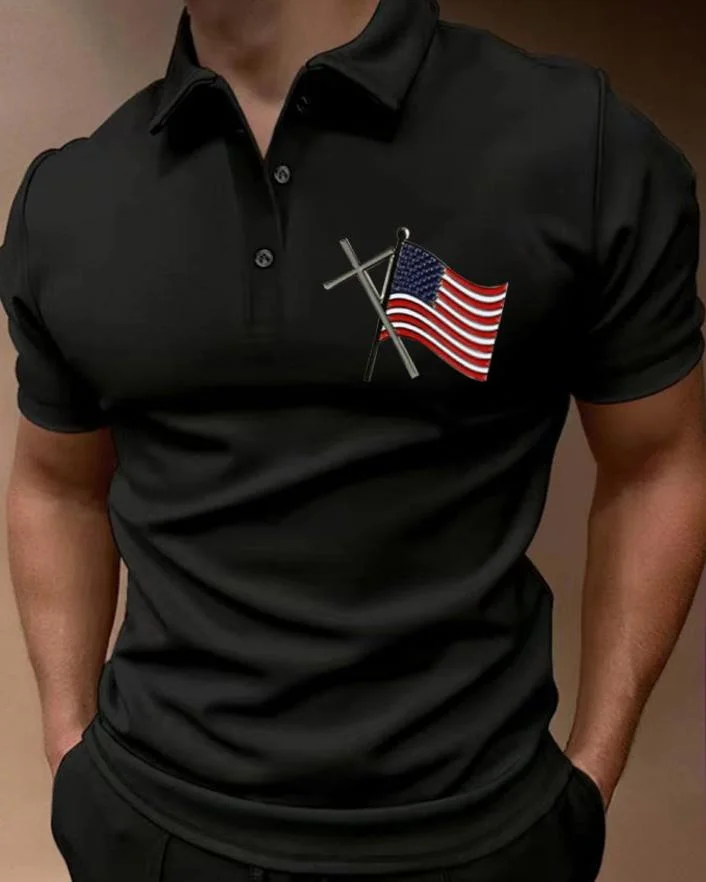 Men's Casual Flag Printed Short Sleeved Polo Shirt at Hiphopee