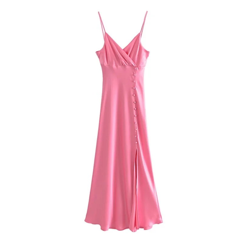 Aachoae Summer Women Sexy Spaghetti Strap Pink Color Midi Dress V Neck  Sleeveless Party Dresses Female Chic A Line Dress