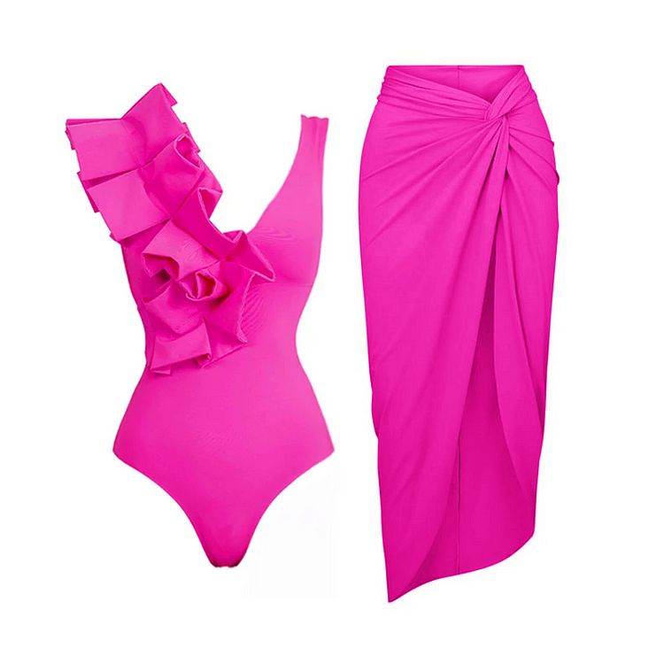 One Shoulder Fold Pink One Piece Swimsuit and Sarong Flaxmaker