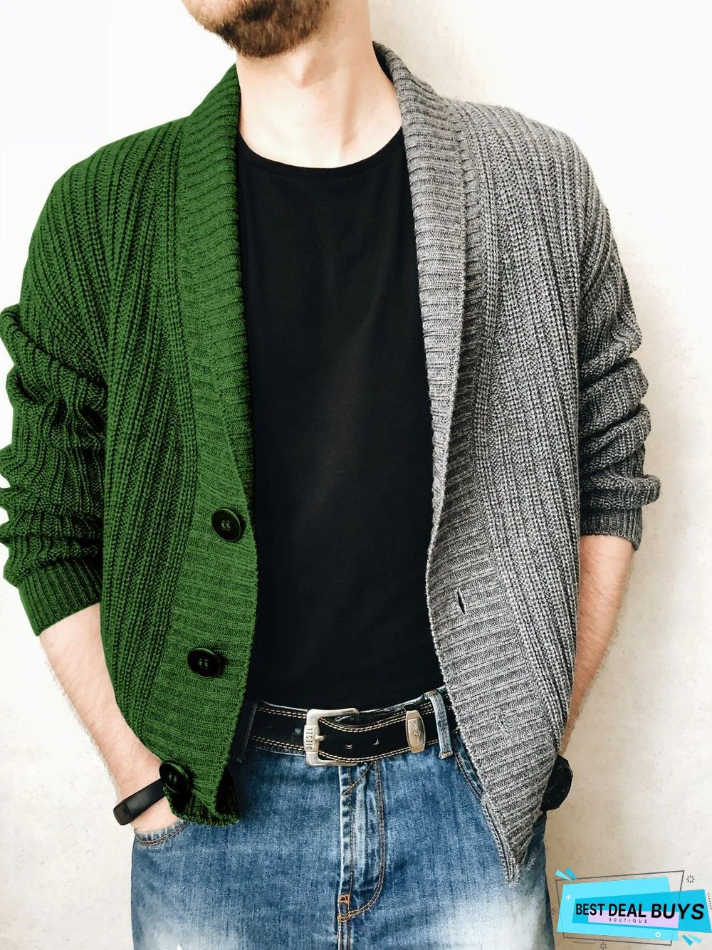 Single Breasted Two Color Men's Sweater Coat