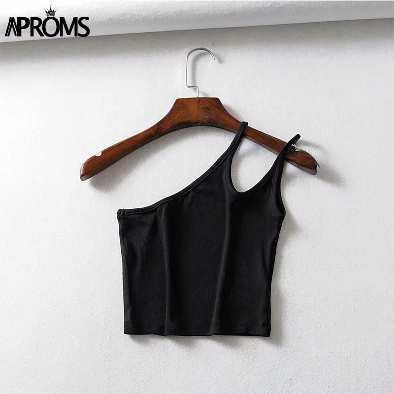 Aproms One Shoulder Ribbed Camis Women Summer Double Strap Slim Fit Tank Tops 90s Cool Girls Streetwear Strench Tees 2020