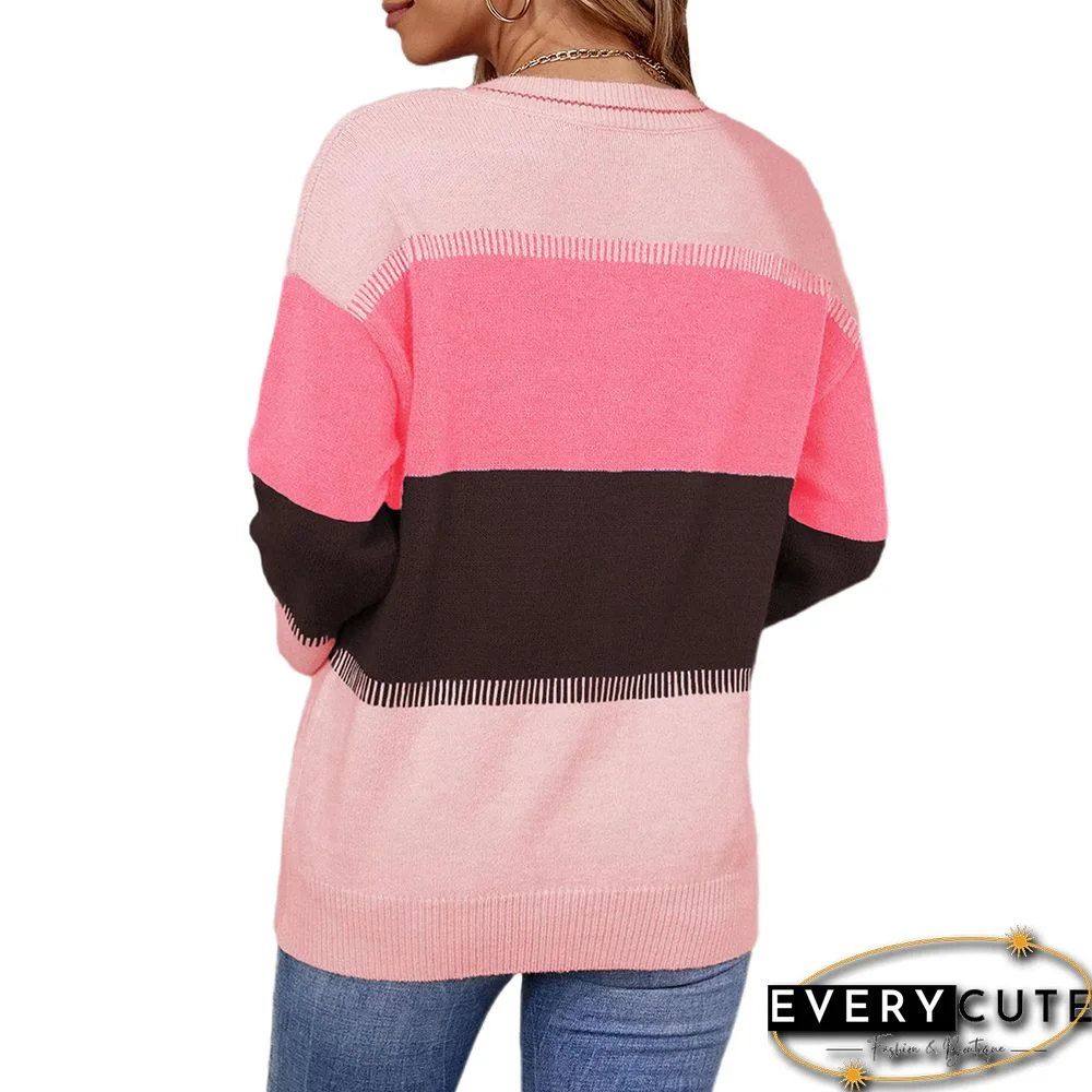 Pink Color Block V Neck Knit Sweater