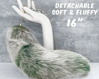 pornhint Pornhint Discreetly Shipped Handmade Green and Gray Faux Fur Tail Butt Plug - 16 Inches (40cm) Detachable Tail for Soft and Fluffy Sensations