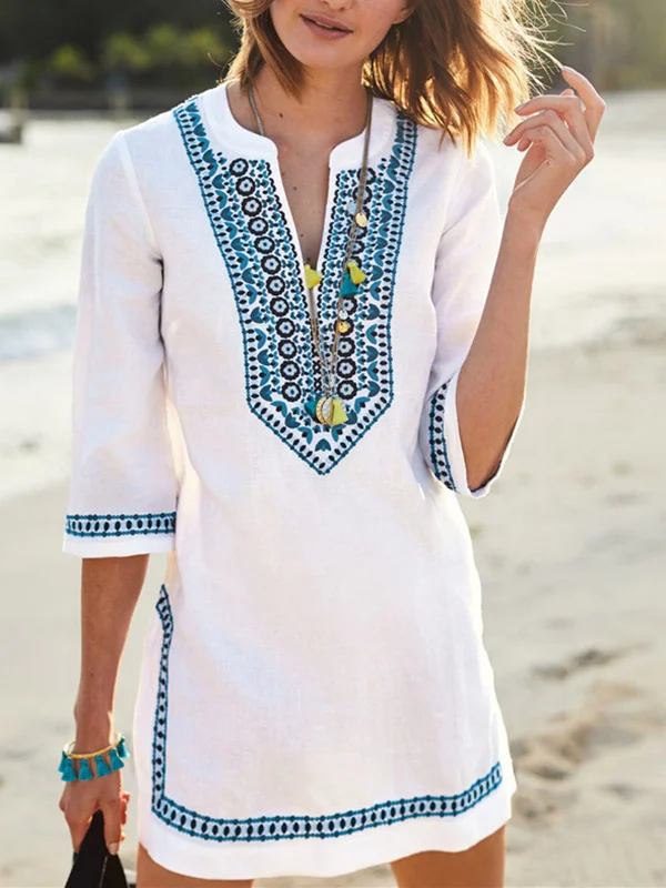 Embroidered Half Sleeves Cover-Ups Tops