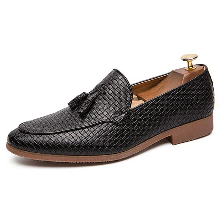 PU Leather Plaid Pointy Toe Slip-On Tassel Casual Loafers Shoes